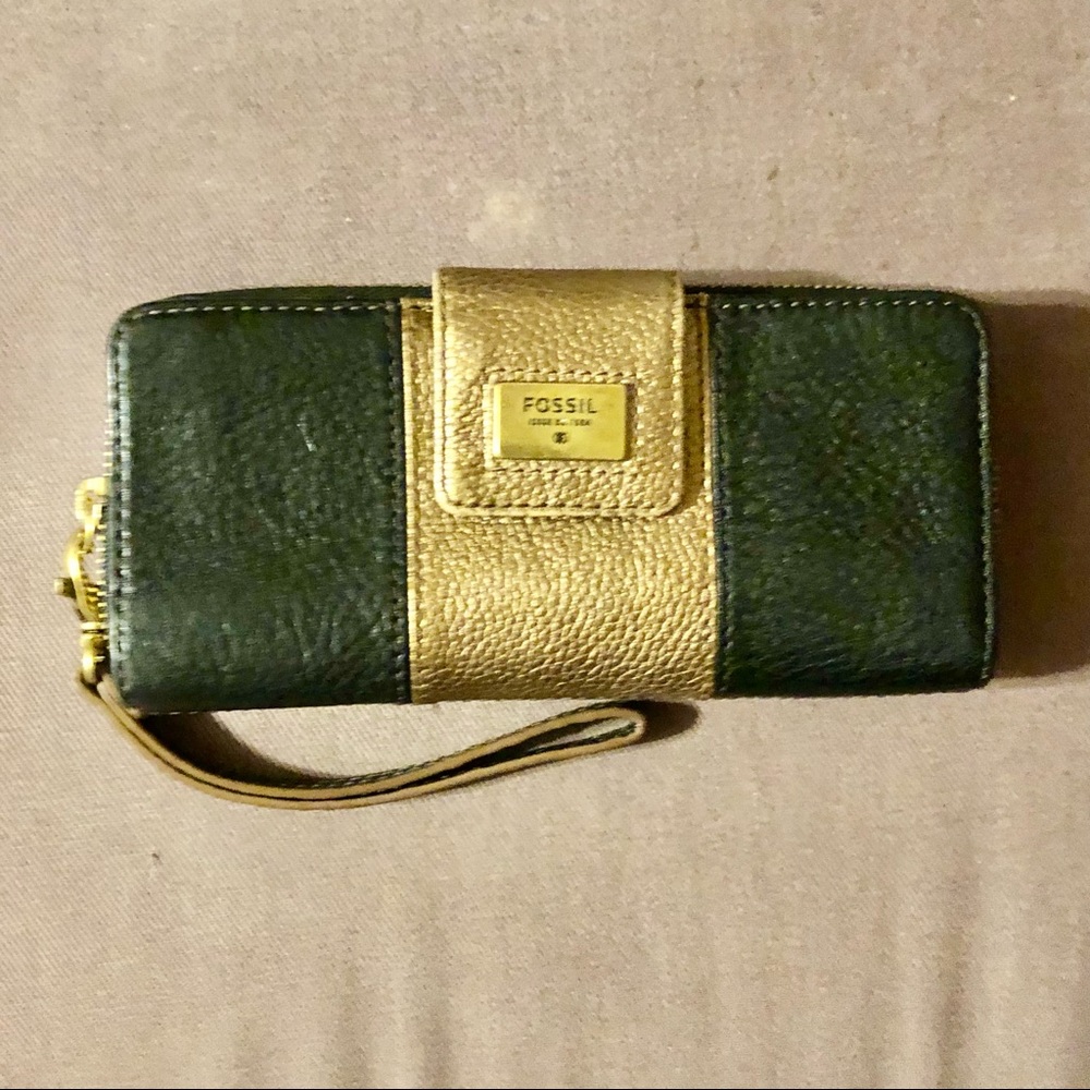 Fossil Quinn Leather Zip Multi Wristlet Wallet Clutch Black & Gold